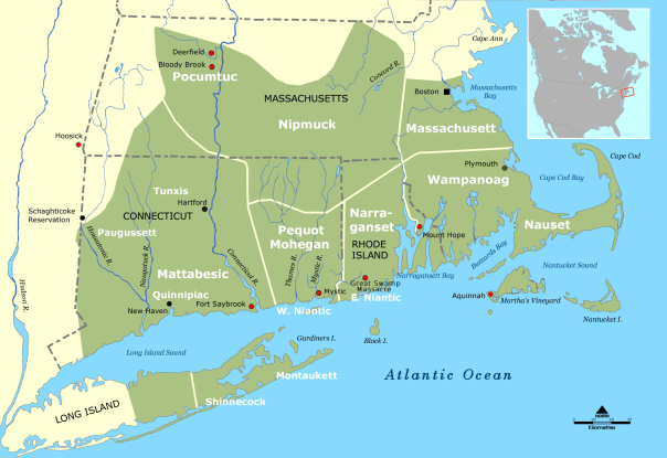 Approximate distribution of Indian tribes throughout southern New England in about 1600. Wikimedia Commons.