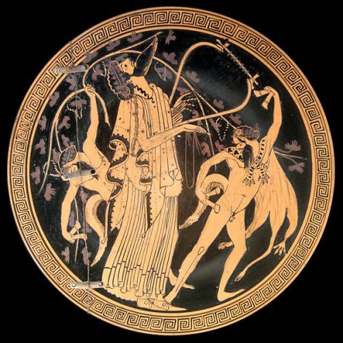Dionysus and satyrs. Attic red-figured cup interior, ca. 480 BC