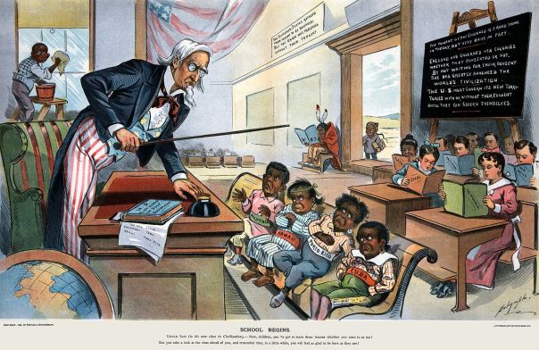 This 1899 cartoon from Puck Magazine lampoons the hypocrisy of U.S. colonial ambitions. The chalkboard reads, "The US must govern its new territories with or without their consent, until they can govern themselves."