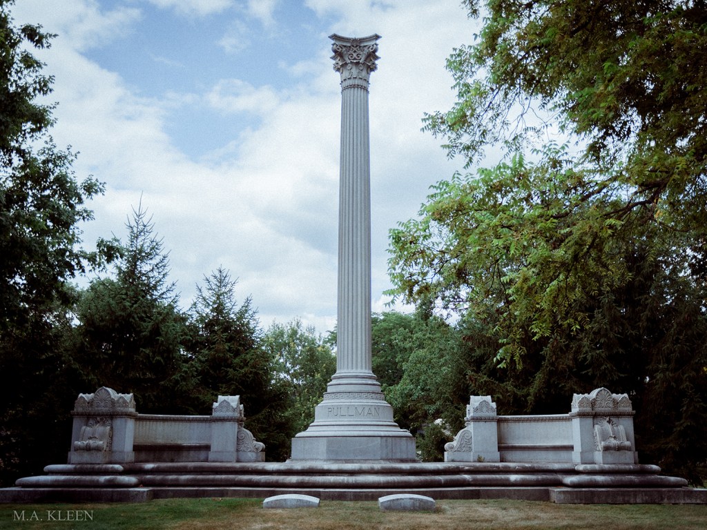 Monument to George Mortimer Pullman (1831-1897) in Graceland Cemetery, at 4001 N. Clark Street in Chicago, Illinois, the city’s premier burial ground.