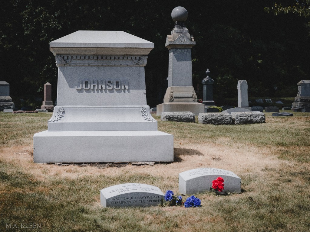 Headstone for heavyweight champion Jack Johnson (1878-1946) in Graceland Cemetery, at 4001 N. Clark Street in Chicago, Illinois, the city’s premier burial ground.