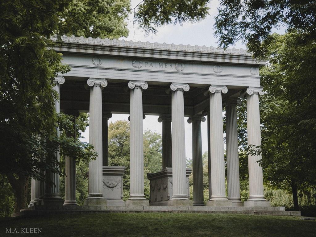 Monument to businessman and real estate mogul Potter Palmer (1826-1902) in Graceland Cemetery, at 4001 N. Clark Street in Chicago, Illinois, the city’s premier burial ground.